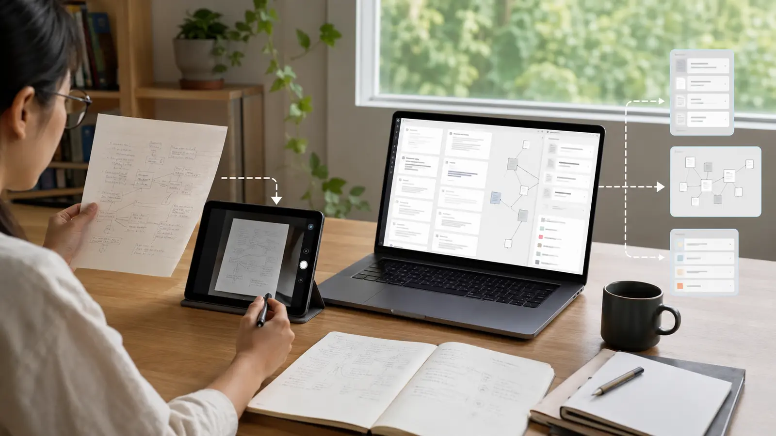 Researcher turning paper notes into an organized digital knowledge system with search and linked ideas