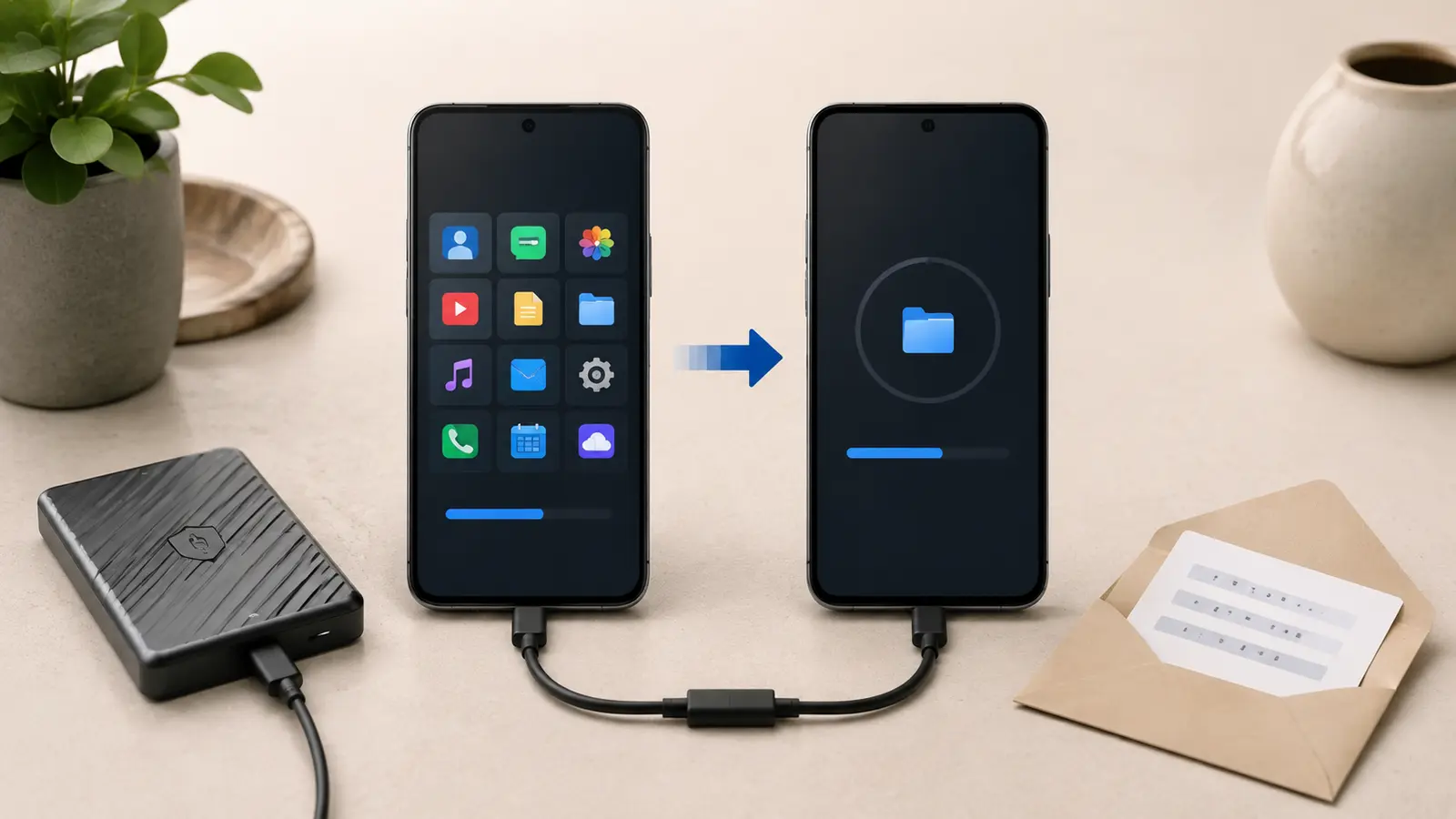 Two smartphones connected for a controlled data transfer beside an external backup drive and recovery information envelope