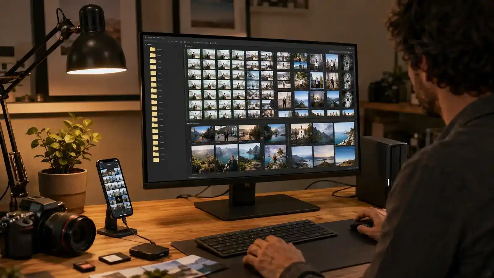 Photographer culling duplicate images on a large monitor with camera cards, phone import, and external backup drive
