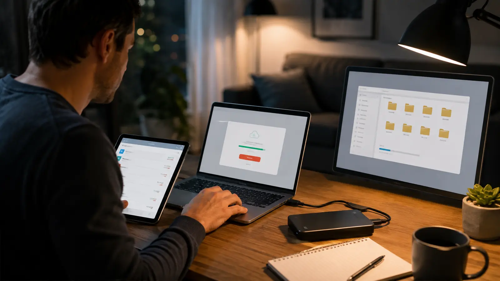 Person reviewing recurring app charges, canceling an unused service, and exporting project folders to an external drive