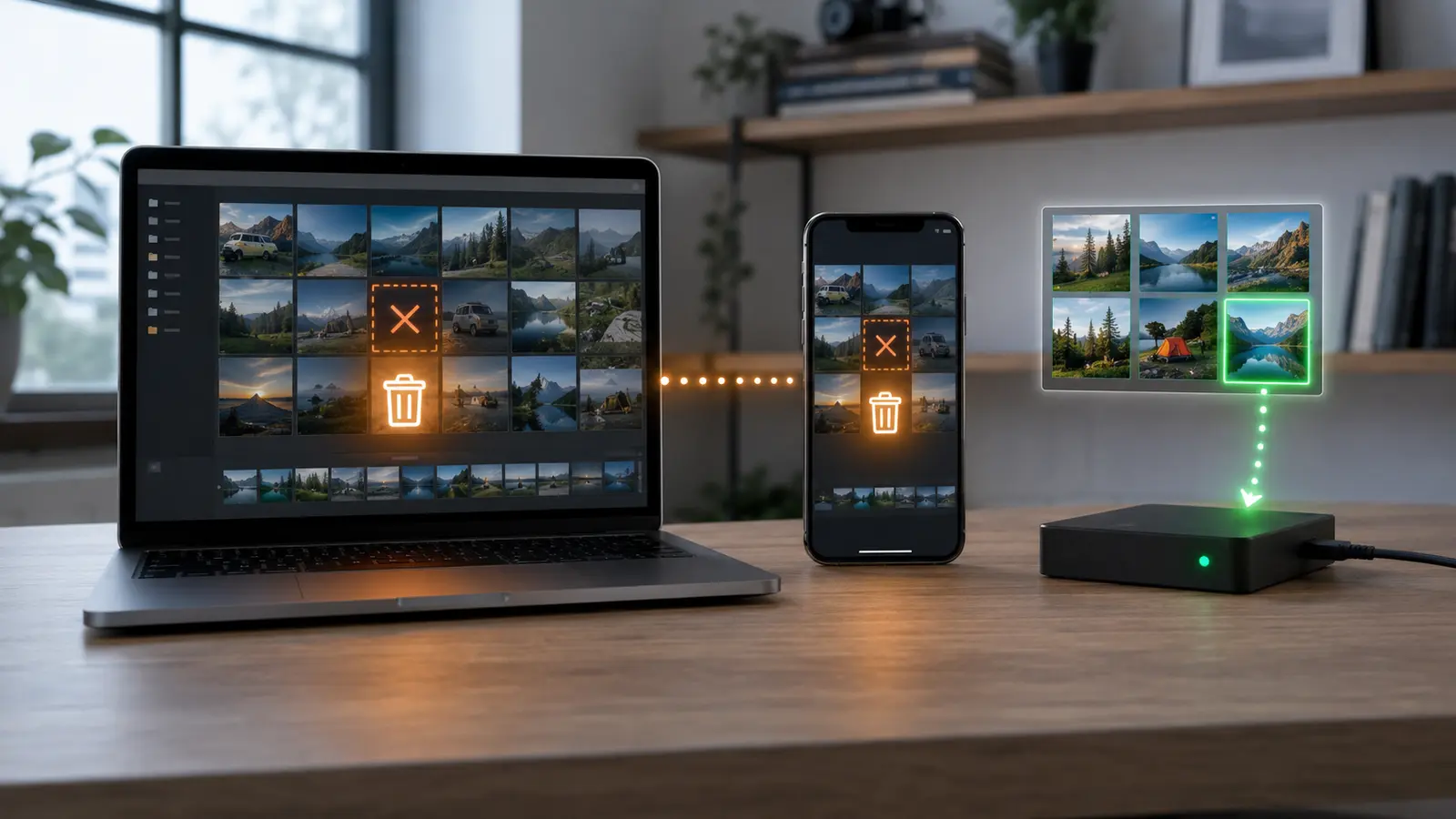 Laptop and phone synchronizing a deletion while a separate disconnected backup drive preserves an intact copy