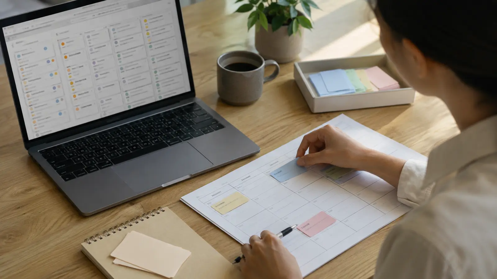 Person moving a small set of priority task cards from an overloaded app into realistic weekly calendar blocks