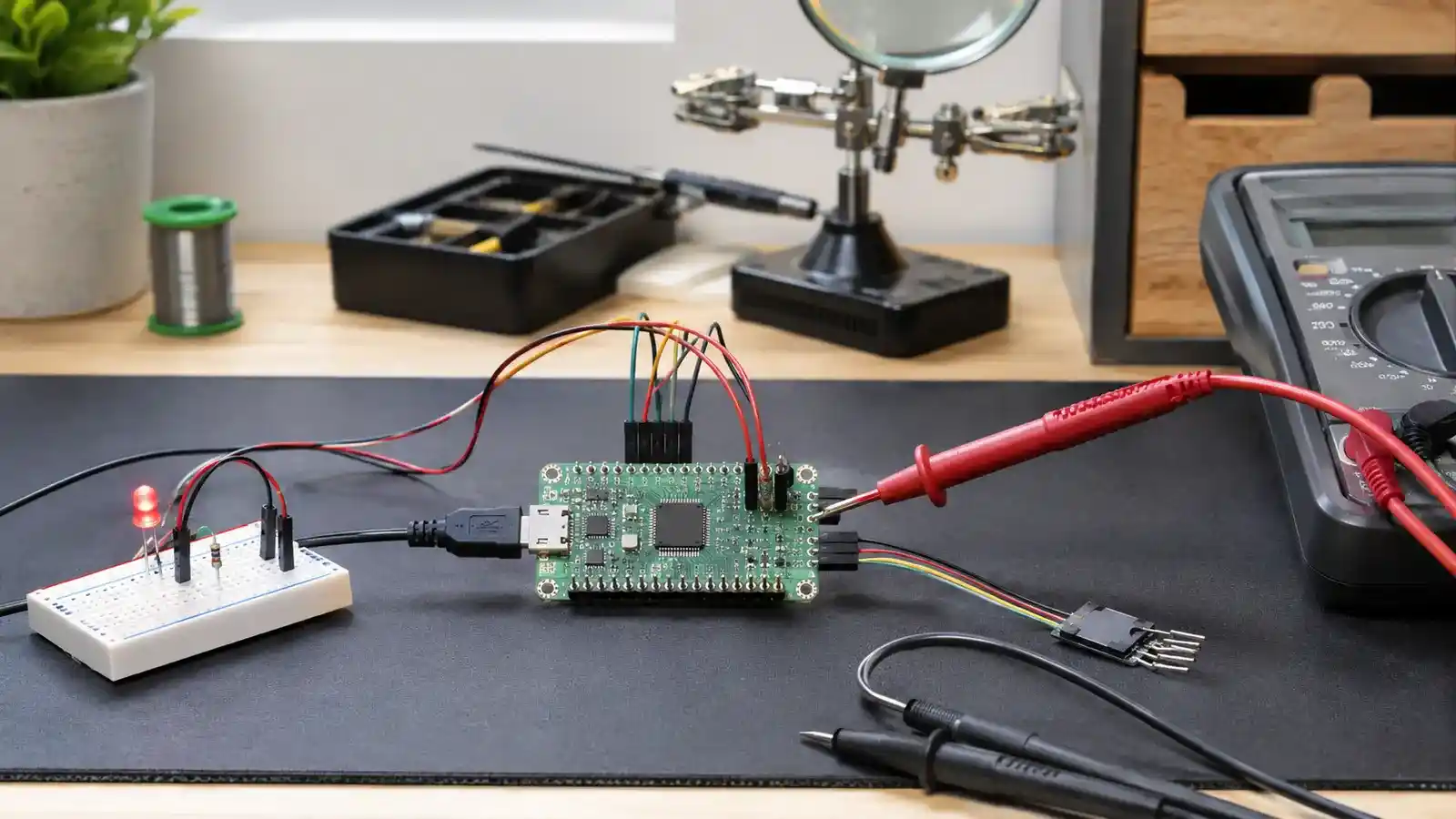 Microcontroller development board connected to a sensor and LED while being tested with a multimeter