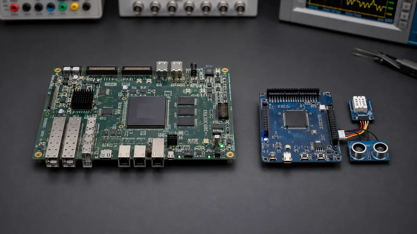 Large FPGA development board beside a compact microcontroller board and connected sensors