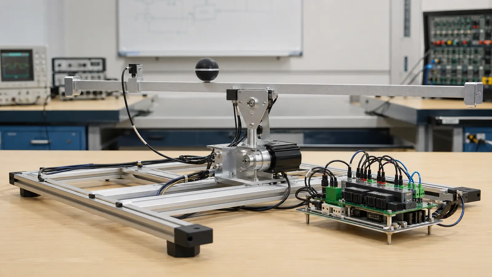 Motor-driven balancing beam holding a ball steady with sensors and an electronic controller