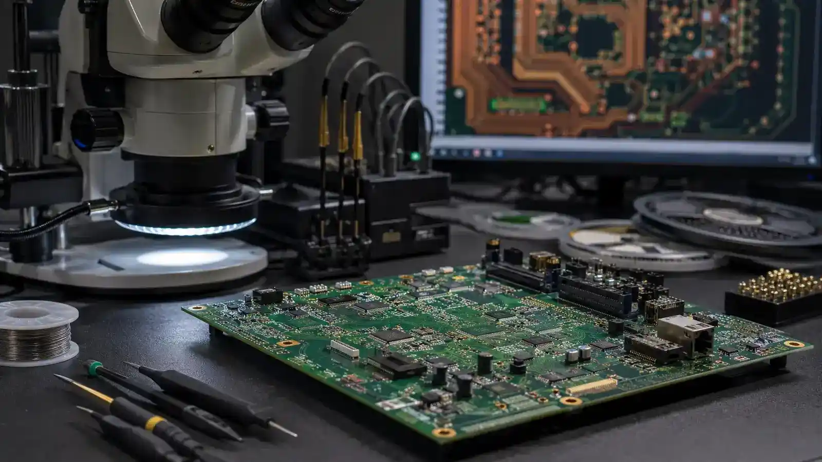 Printed circuit board being inspected beneath a microscope beside probes and PCB routing on a monitor