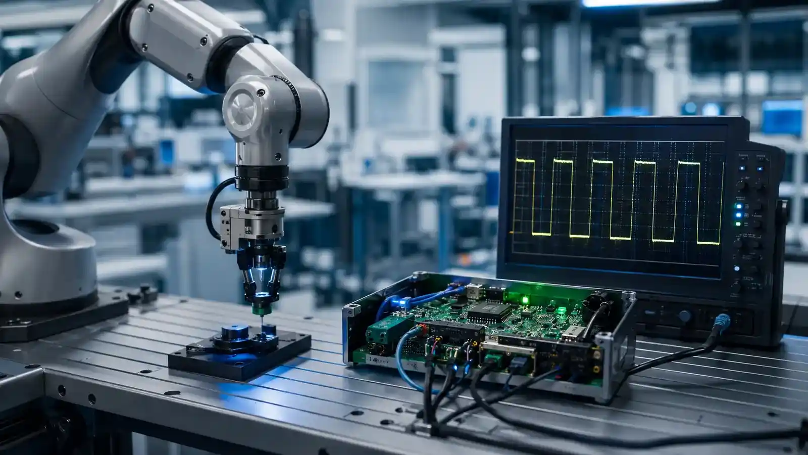 Industrial robotic arm, embedded controller, and oscilloscope displaying stable timing pulses