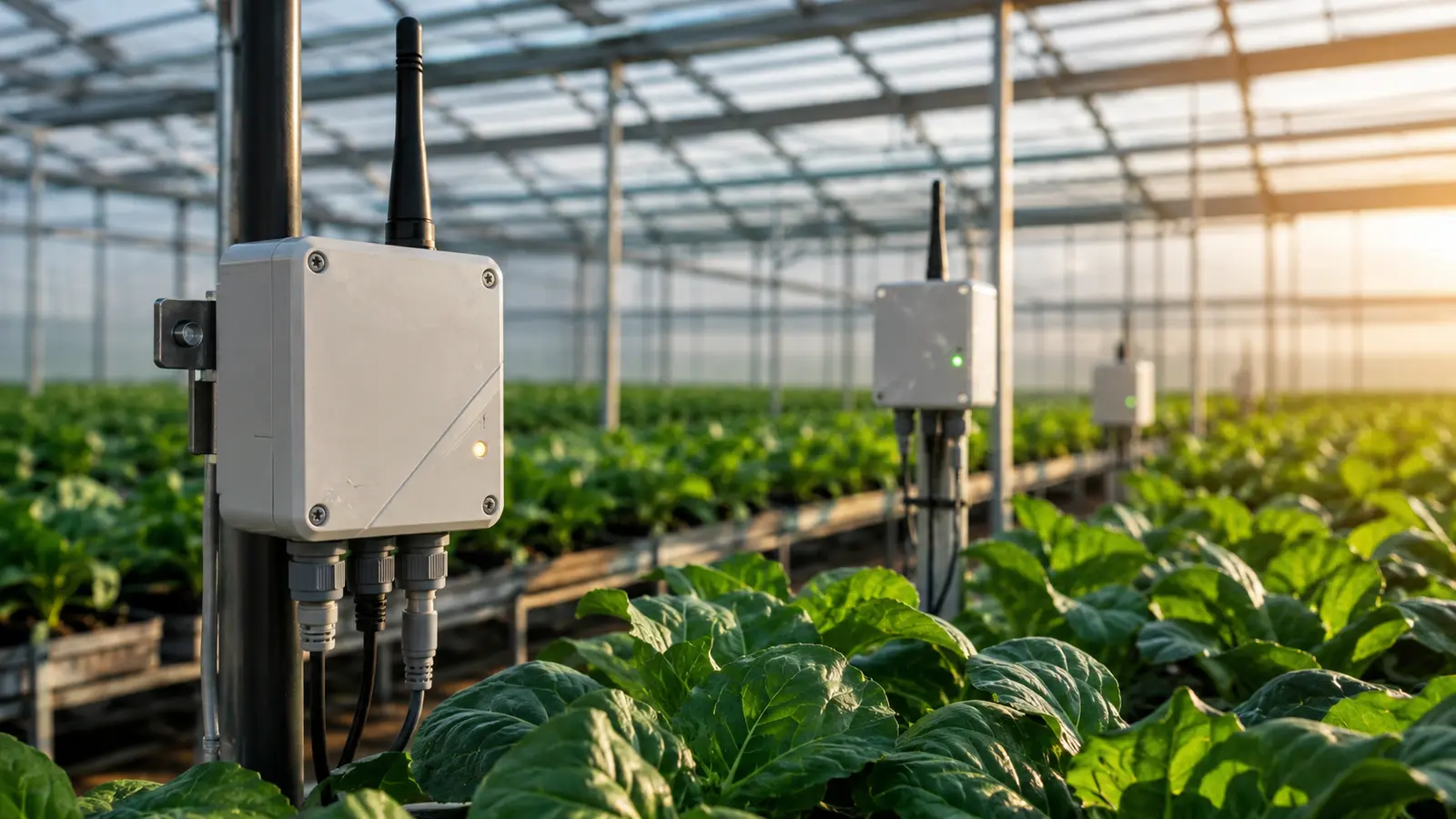 Rugged wireless environmental sensor nodes installed among crops in a modern greenhouse