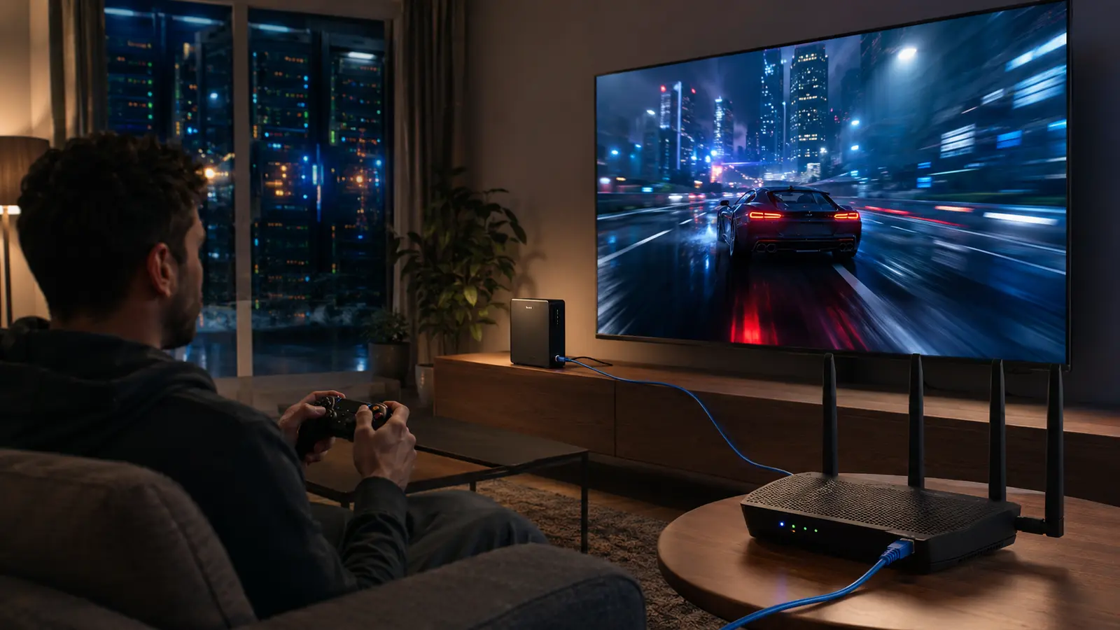 Player cloud-streaming a racing game over Ethernet with the home router visible beside the television