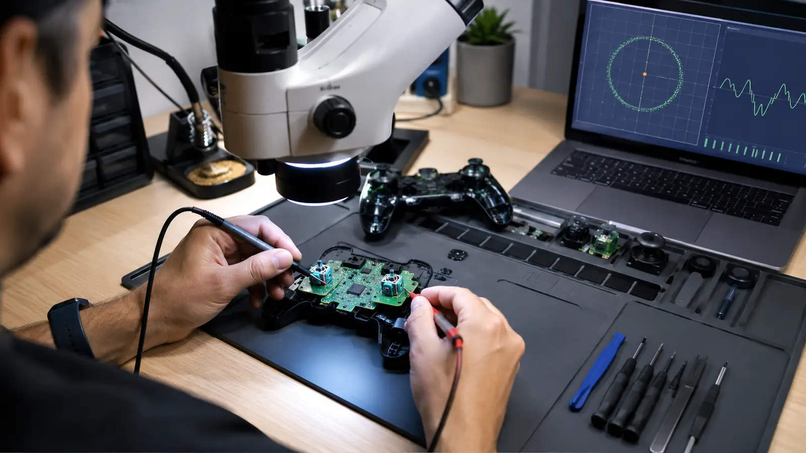 Technician testing an opened game controller analog stick module beside a circular calibration graph