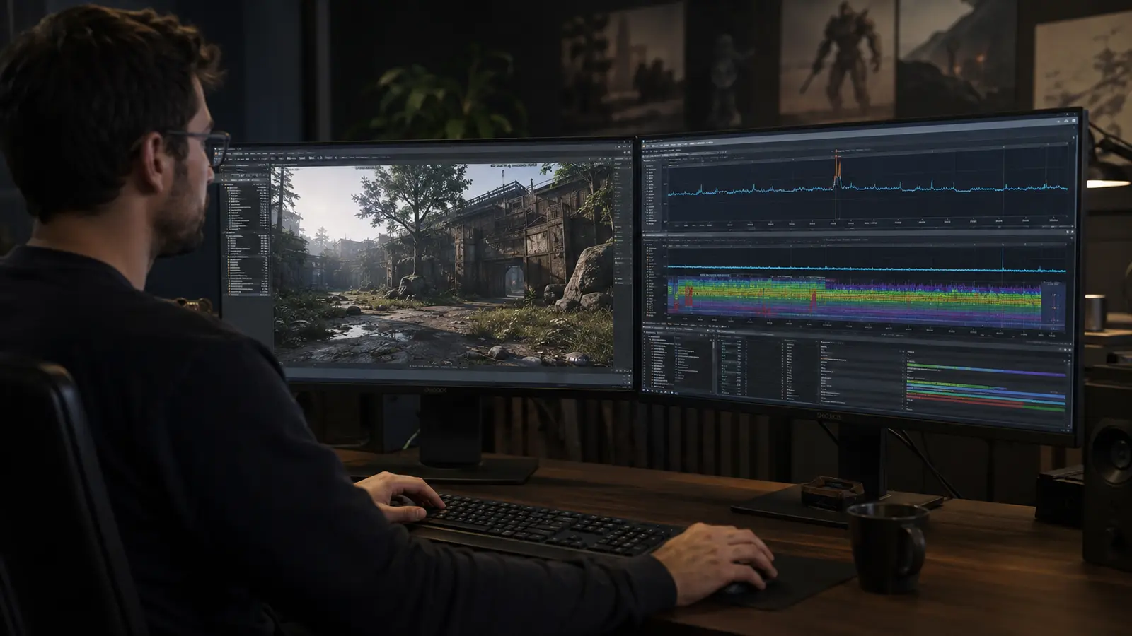 Game developer comparing a 3D scene with a profiler trace showing one sharp frame-time hitch