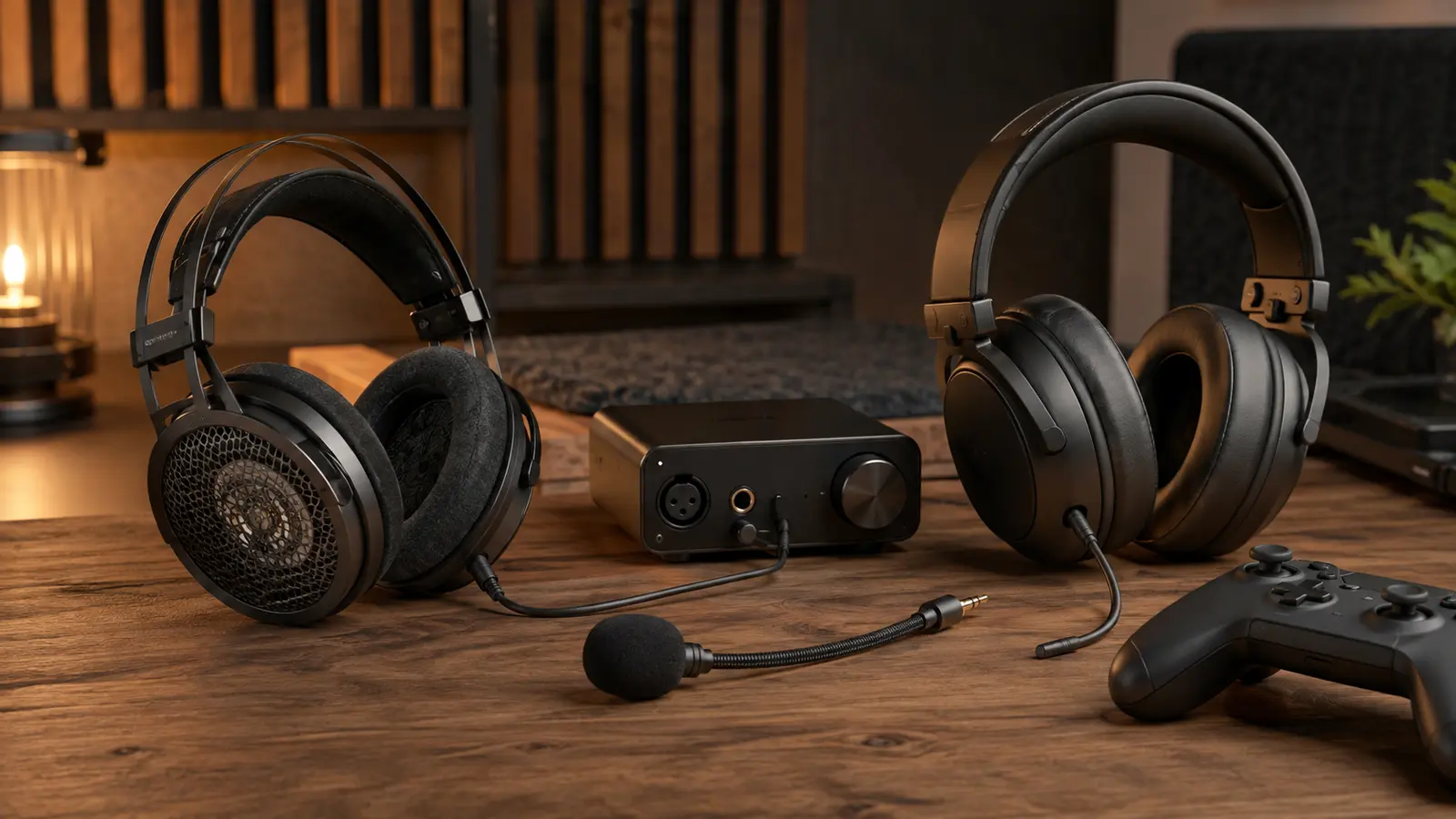 Open-back and closed-back gaming headsets beside an audio interface, detachable microphone, and controller