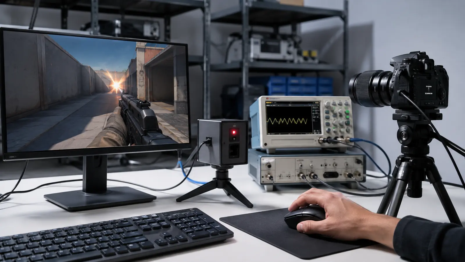 Gaming monitor, mouse, high-speed camera, and latency sensor measuring click-to-photon response