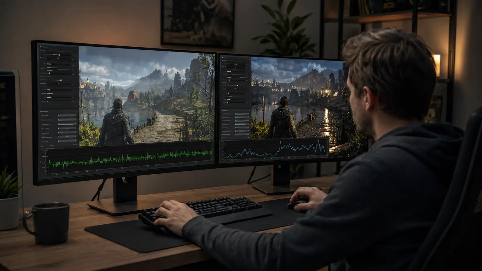 Gamer comparing a smooth frame-time result with heavier lighting settings in the same fantasy game scene