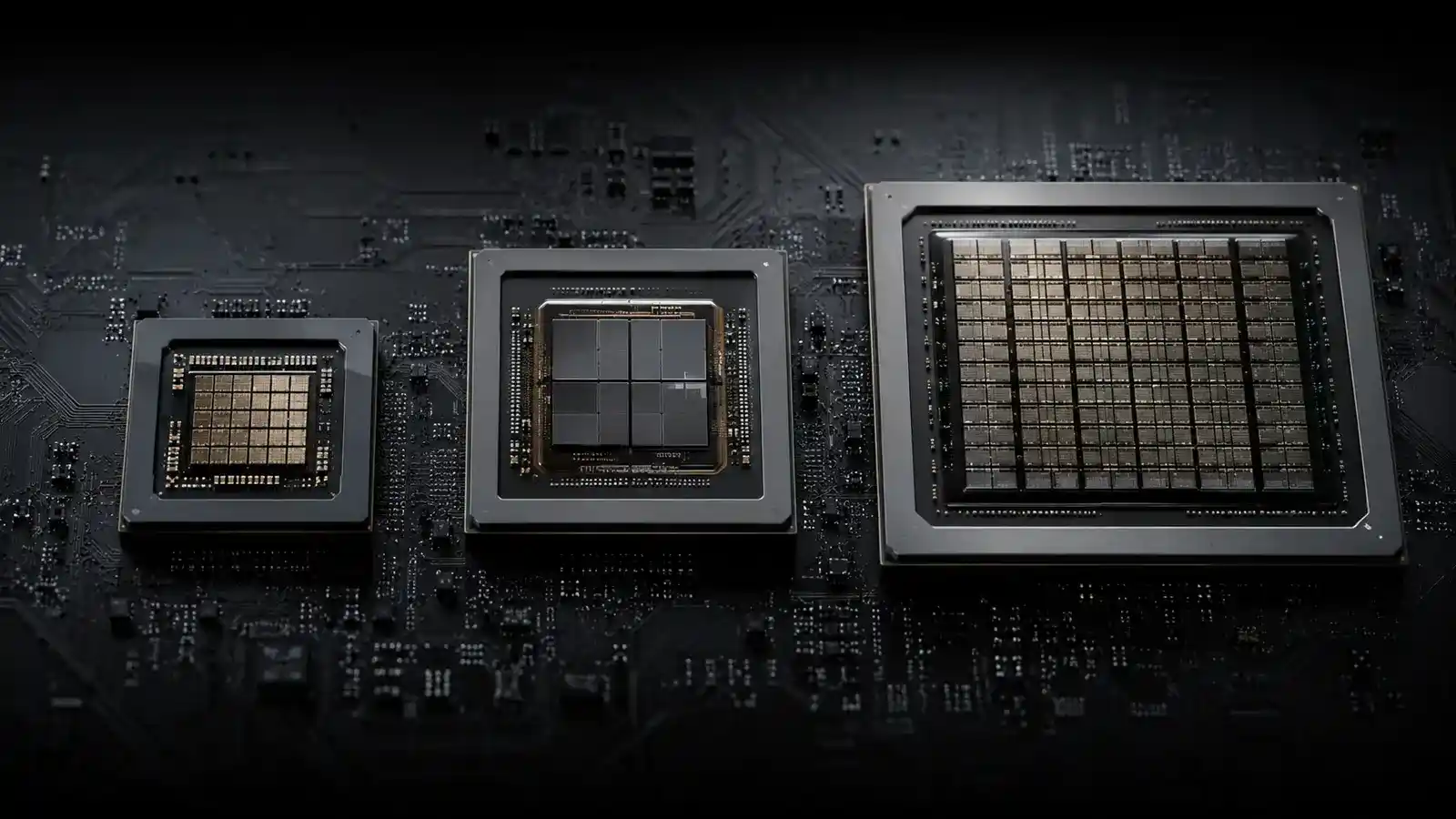 Three unbranded processor packages of different sizes representing CPU, GPU, and NPU accelerators