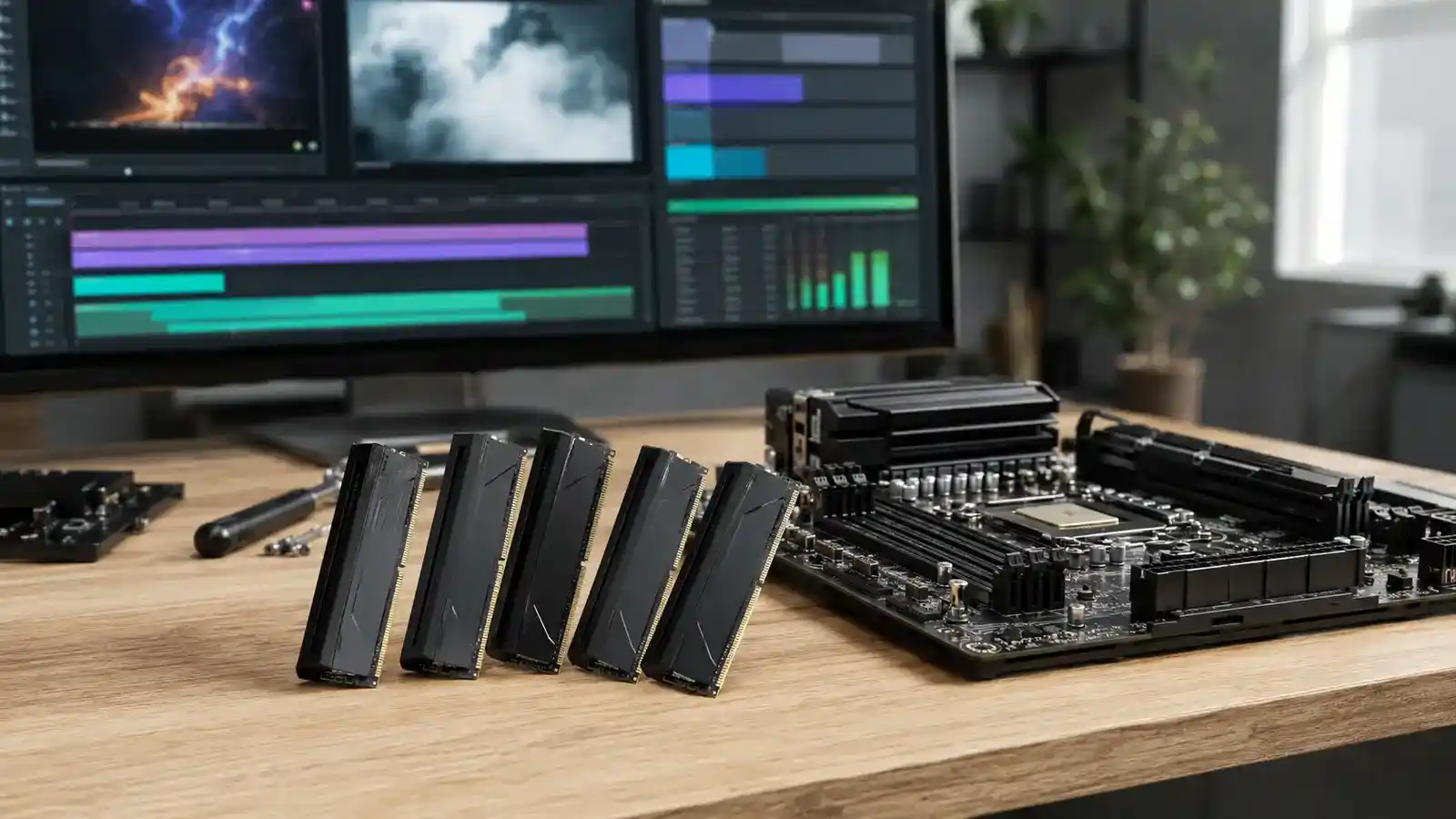 Four memory modules beside a workstation showing video editing and multitasking workloads