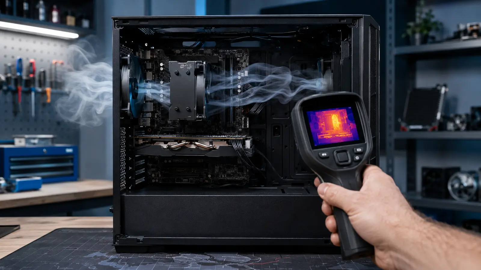 Open desktop computer under thermal inspection with visible airflow paths through the case