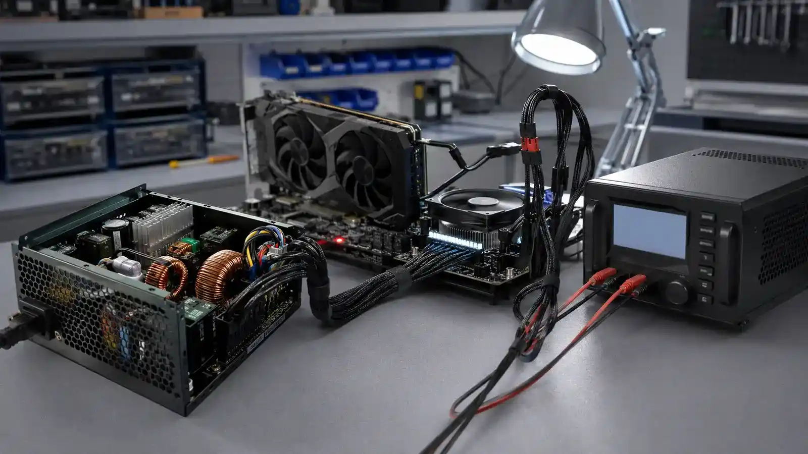 Desktop power supply connected to a complete test computer and electronic load equipment