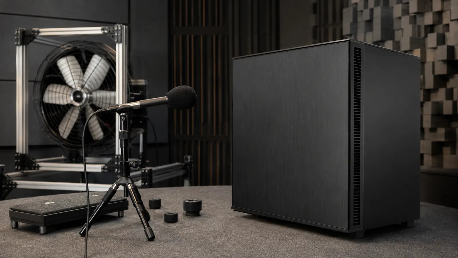 Desktop computer in an acoustic room measured with a microphone beside a slowly turning case fan