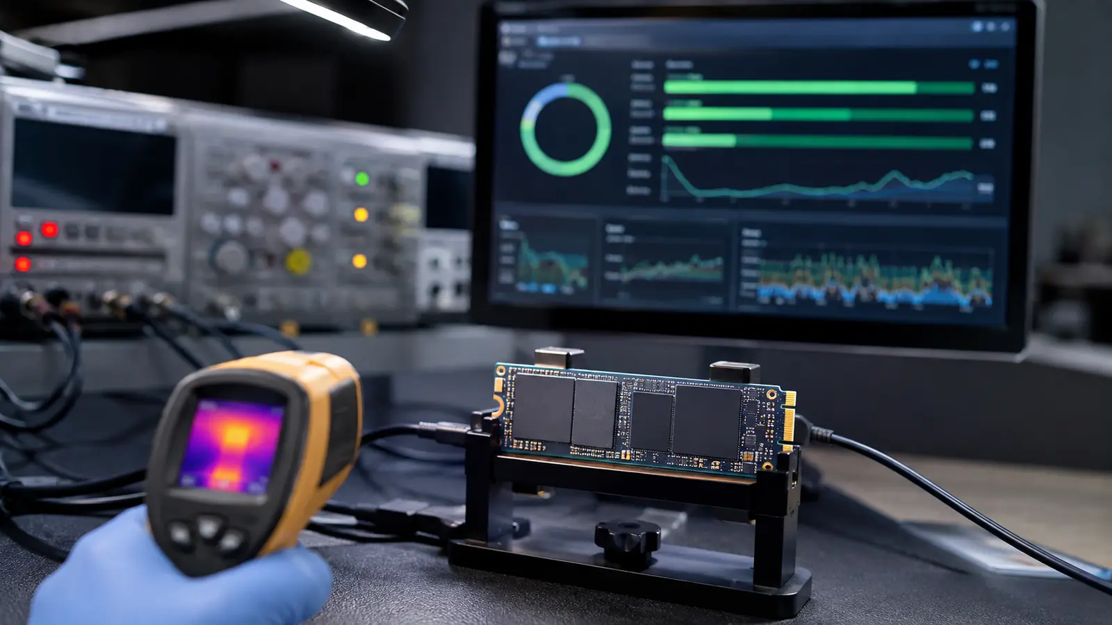 NVMe solid-state drive on a test fixture beside a thermal camera and storage health dashboard