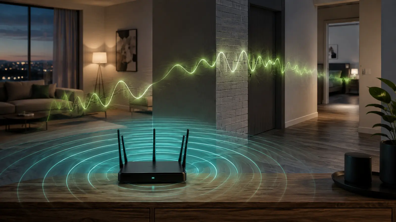 Two wireless signal patterns traveling through a home