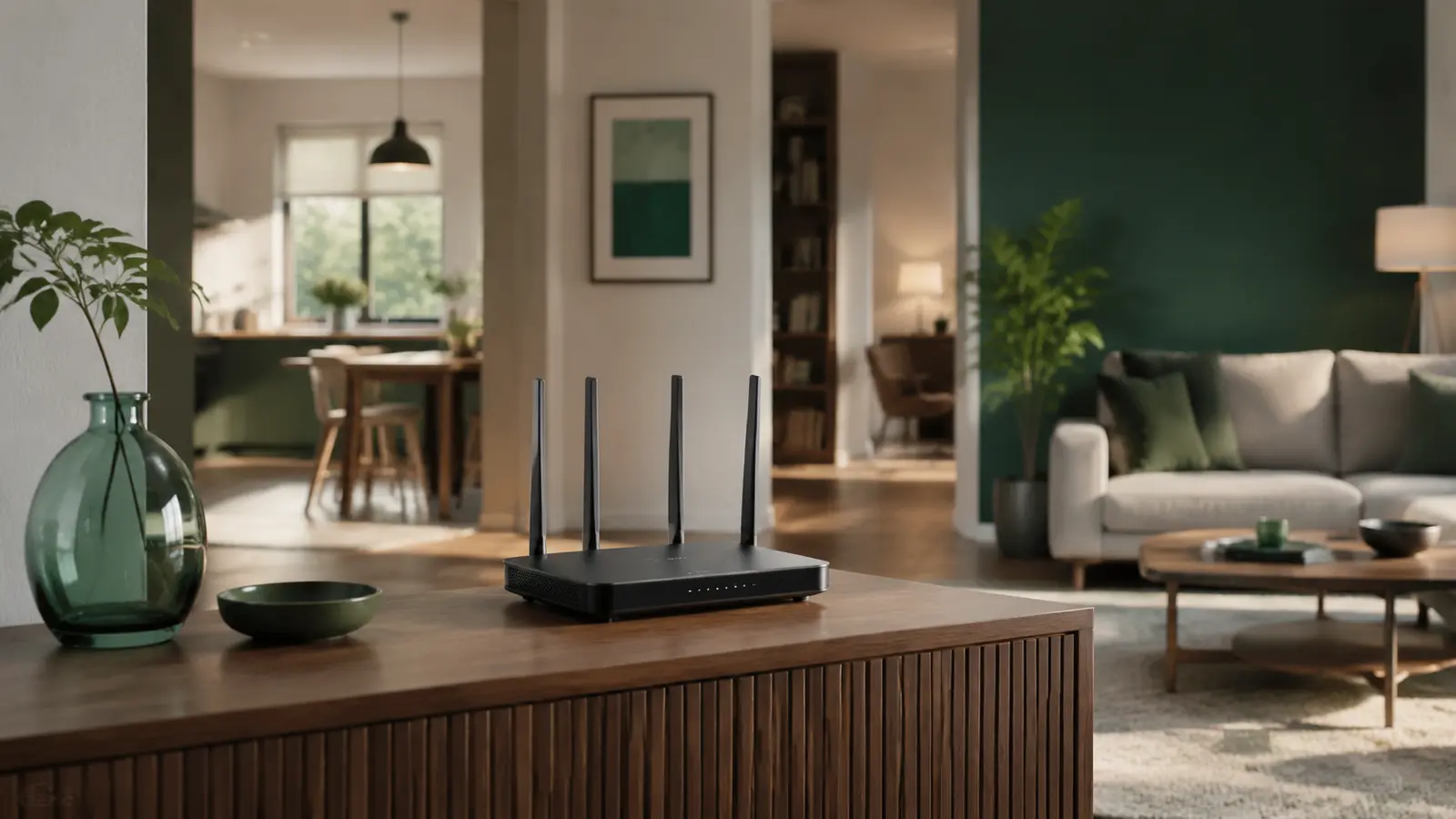 Home router placed in an open central living area
