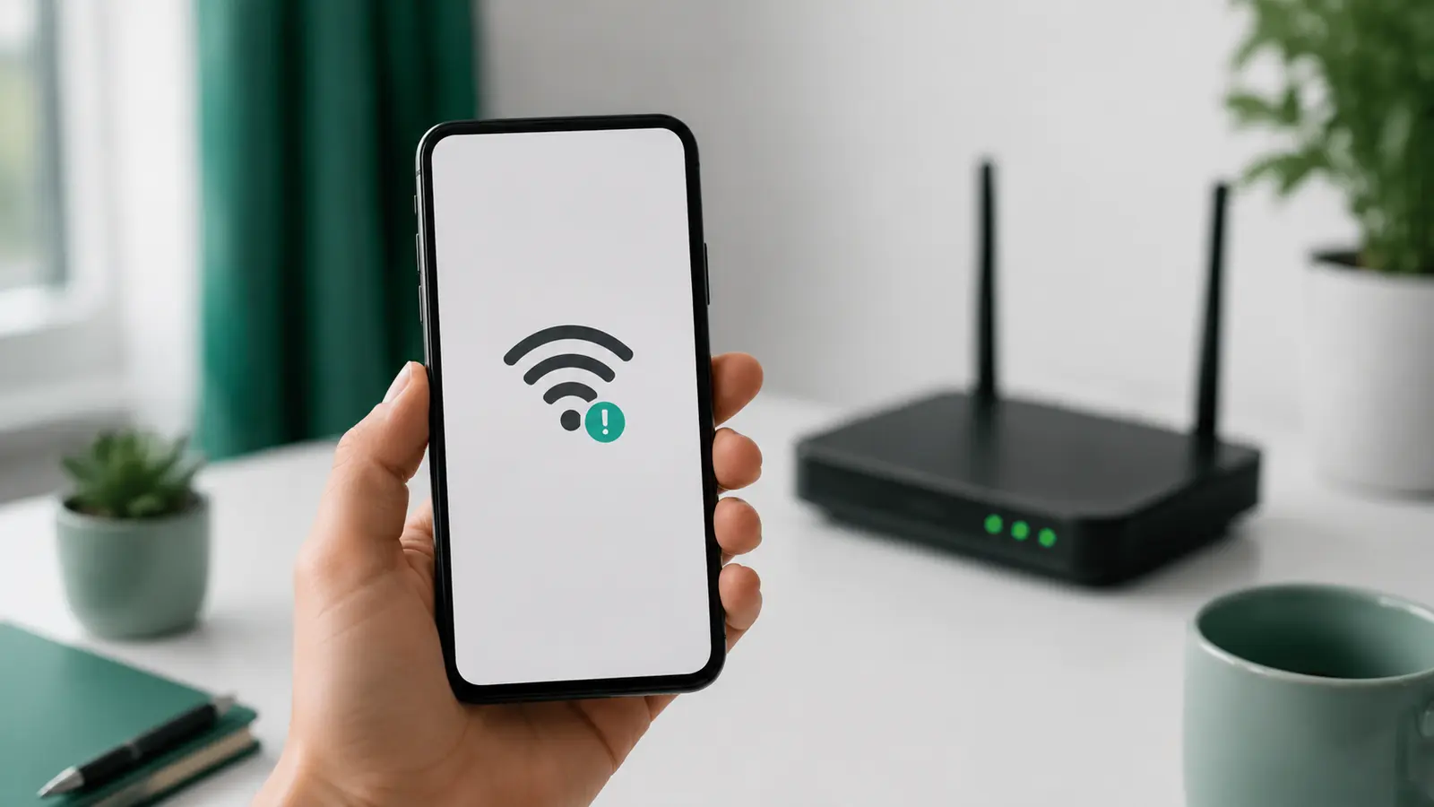 Phone showing a Wi-Fi connection warning beside a router