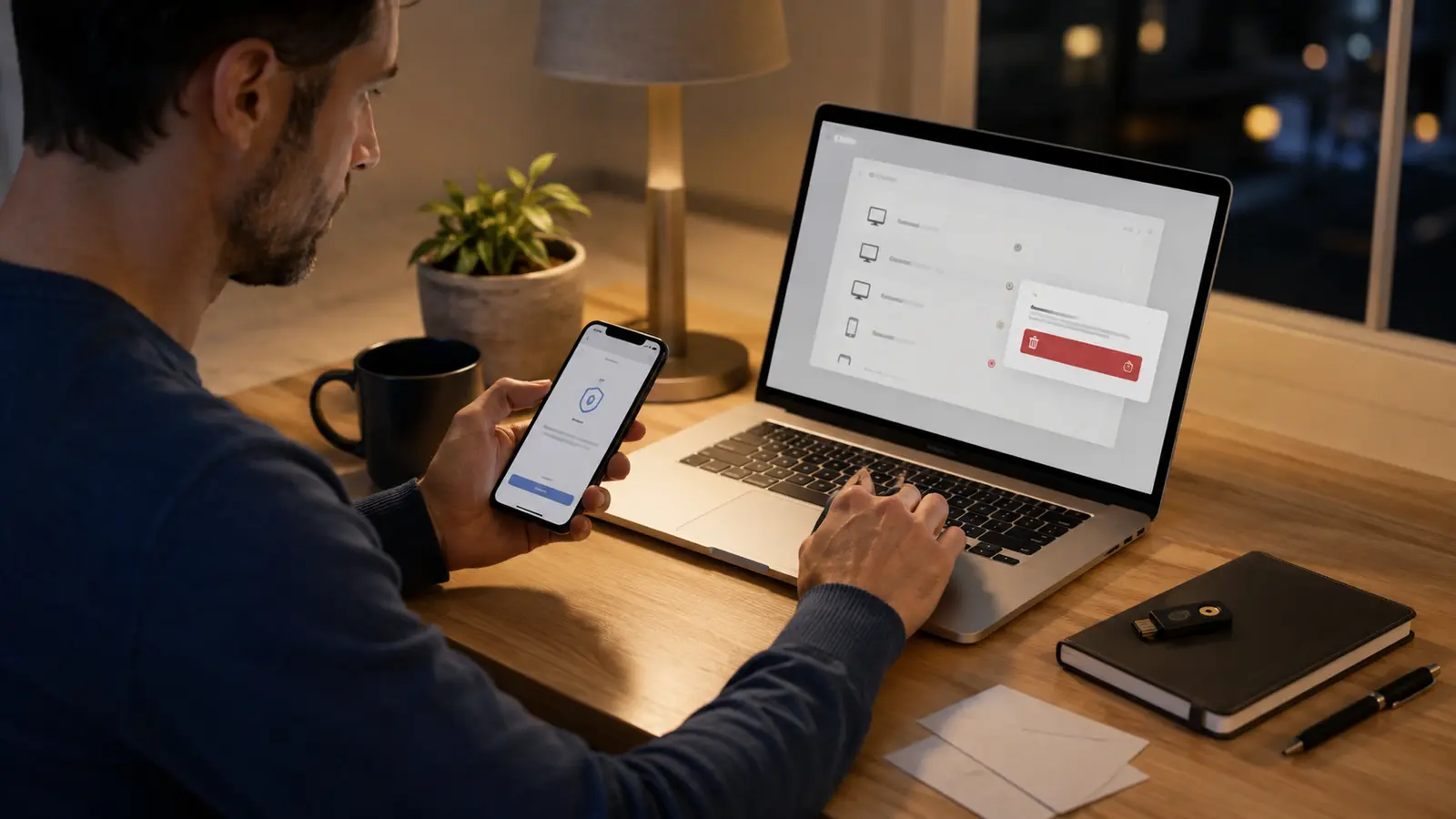 Person using trusted devices and a security key to remove an unfamiliar session from a compromised account