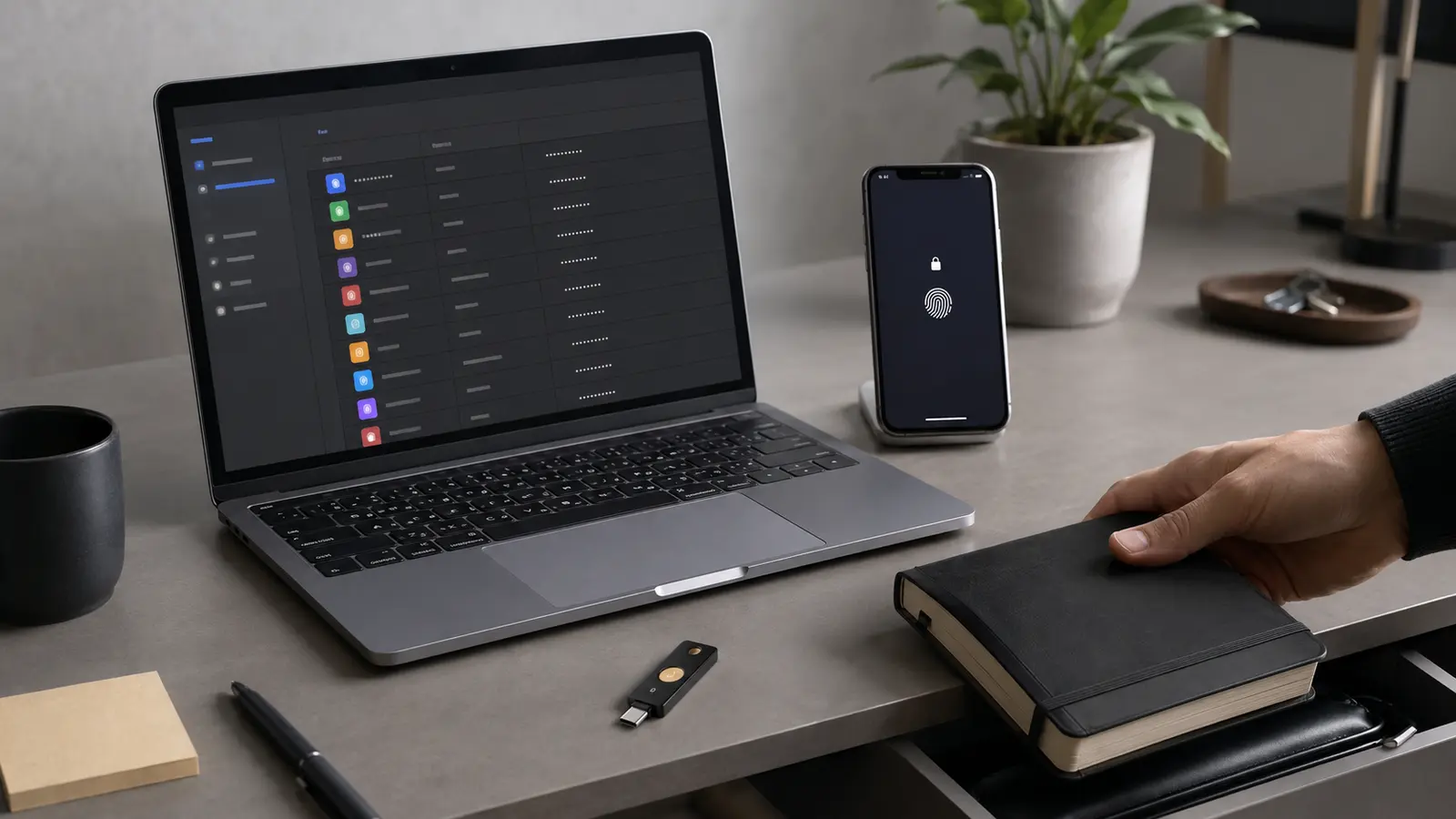 Laptop password manager, phone biometric prompt, and hardware security key forming a safer sign-in workflow