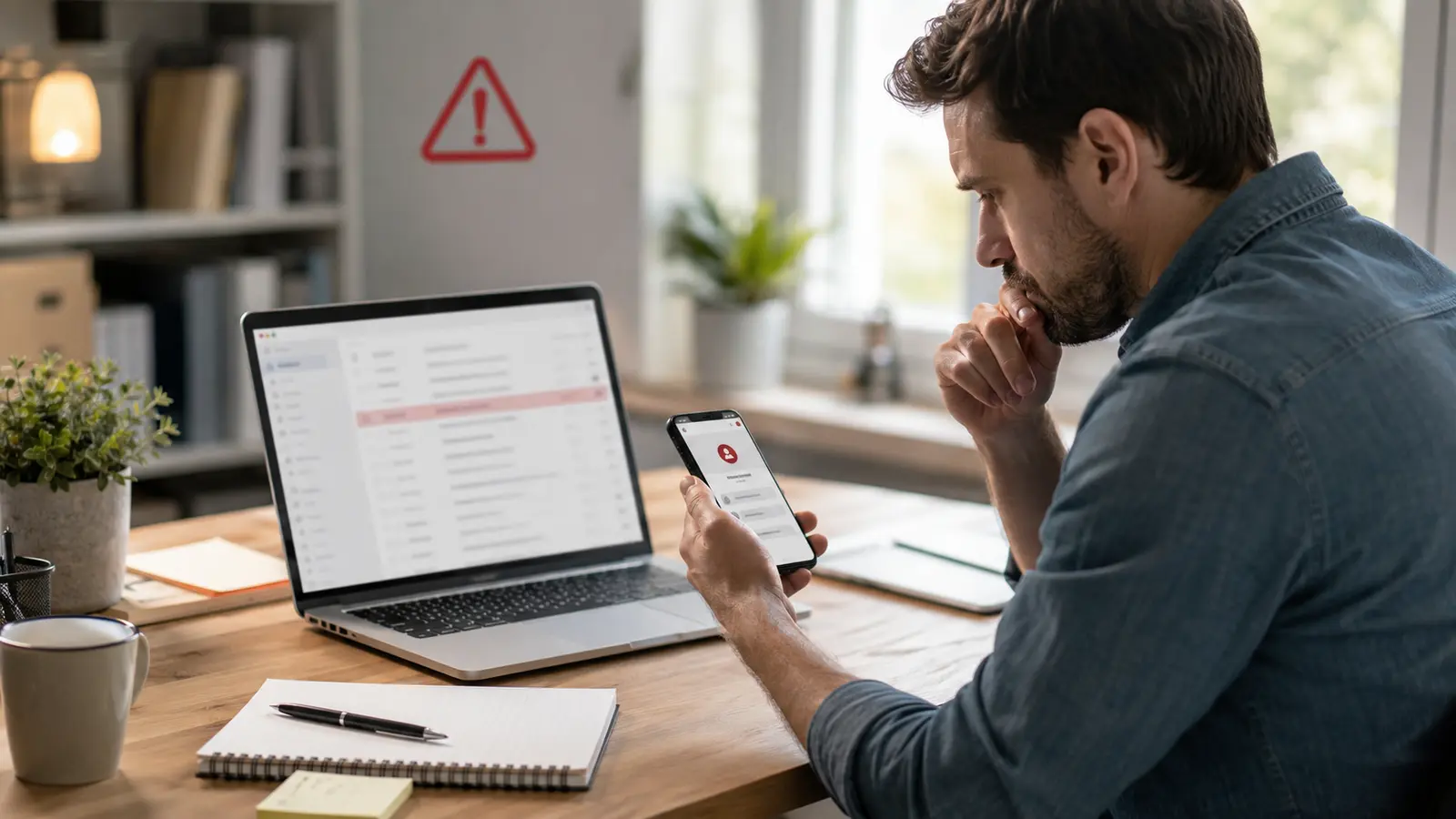 Person pausing at a suspicious inbox while using a phone to verify the sender independently