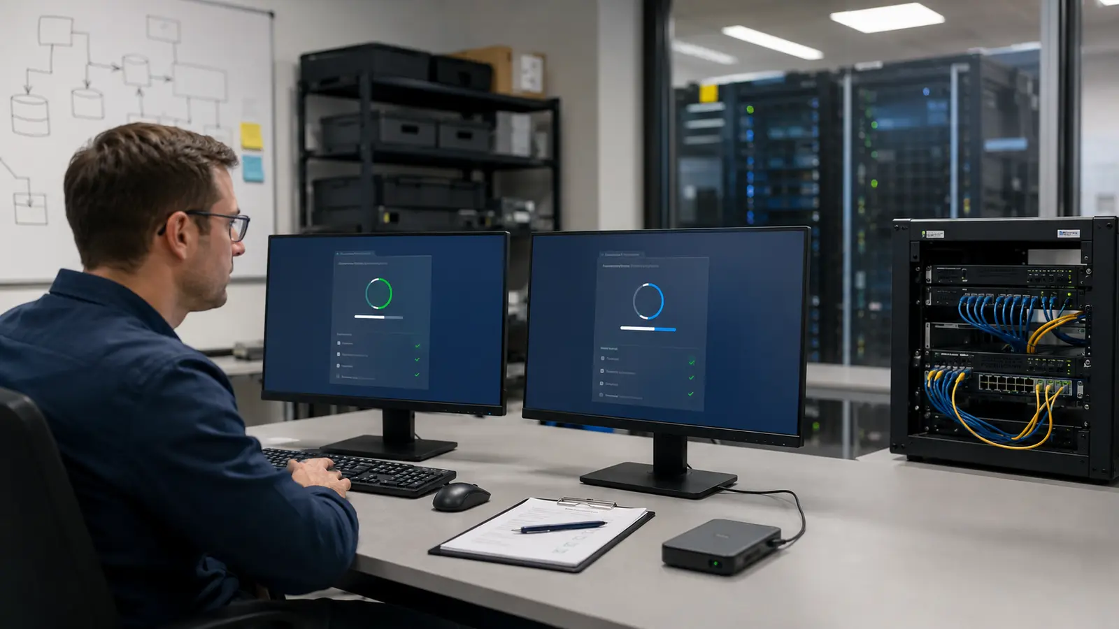 Systems engineer validating a staged update on test workstations before a controlled production rollout