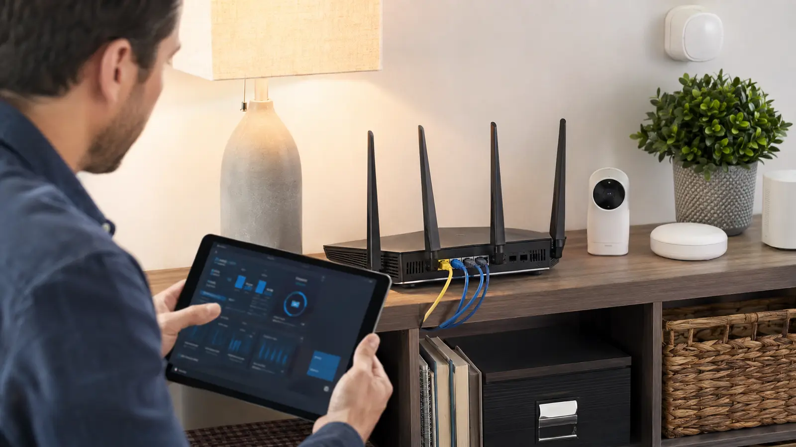 Technician auditing an unbranded home Wi-Fi router and its connected smart devices with a tablet