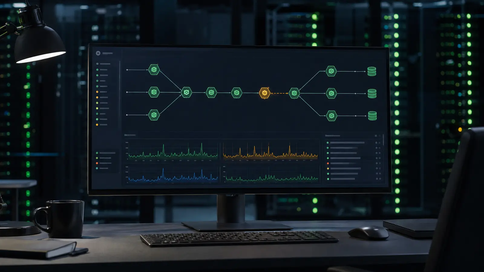 Operations monitor showing a backend service path interrupted by an amber failure node