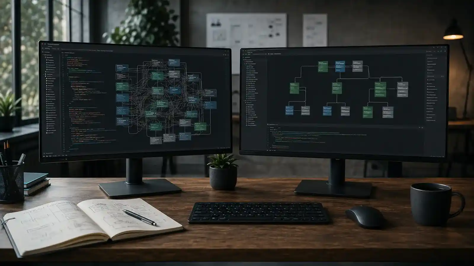 Two monitors comparing a tangled software module map with a clean modular structure