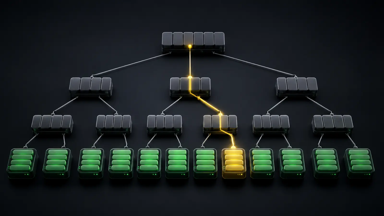 Branching database index structure with one efficient lookup path highlighted in gold