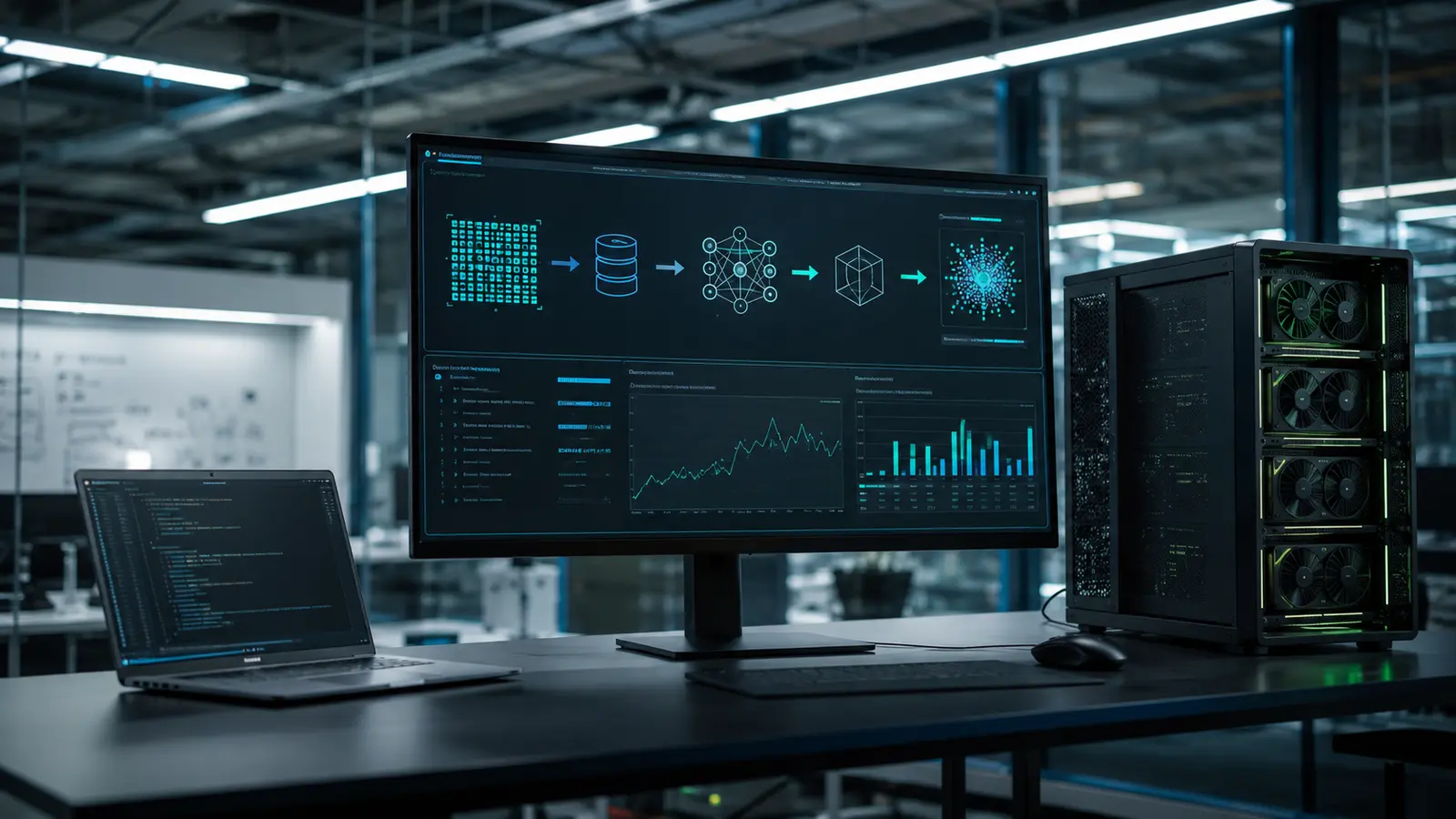 Machine learning production pipeline displayed beside a GPU server and monitoring charts