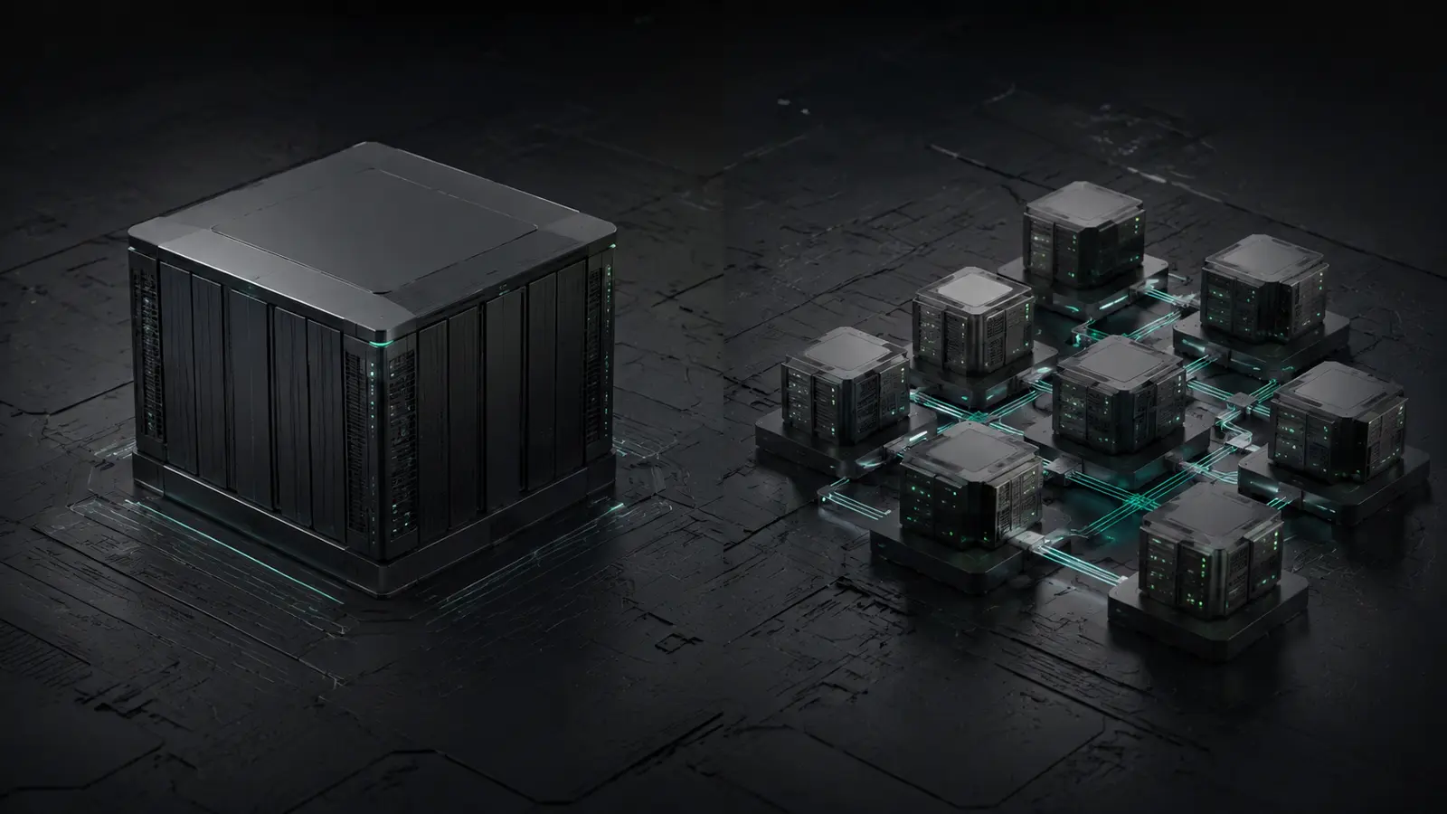 One unified server structure beside a coordinated group of smaller connected service modules