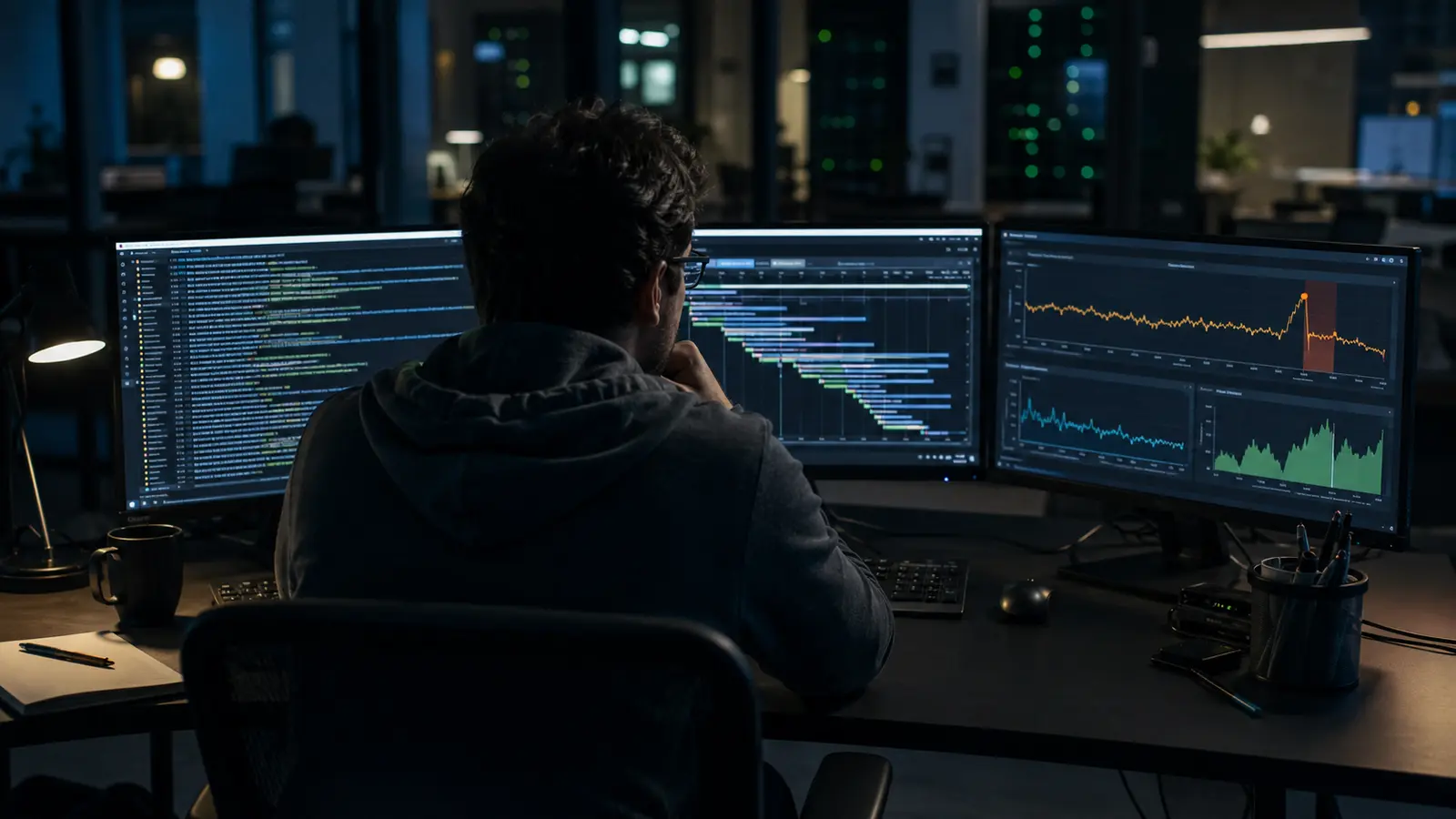 On-call engineer tracing logs, request timelines, and an anomalous production metric across three monitors